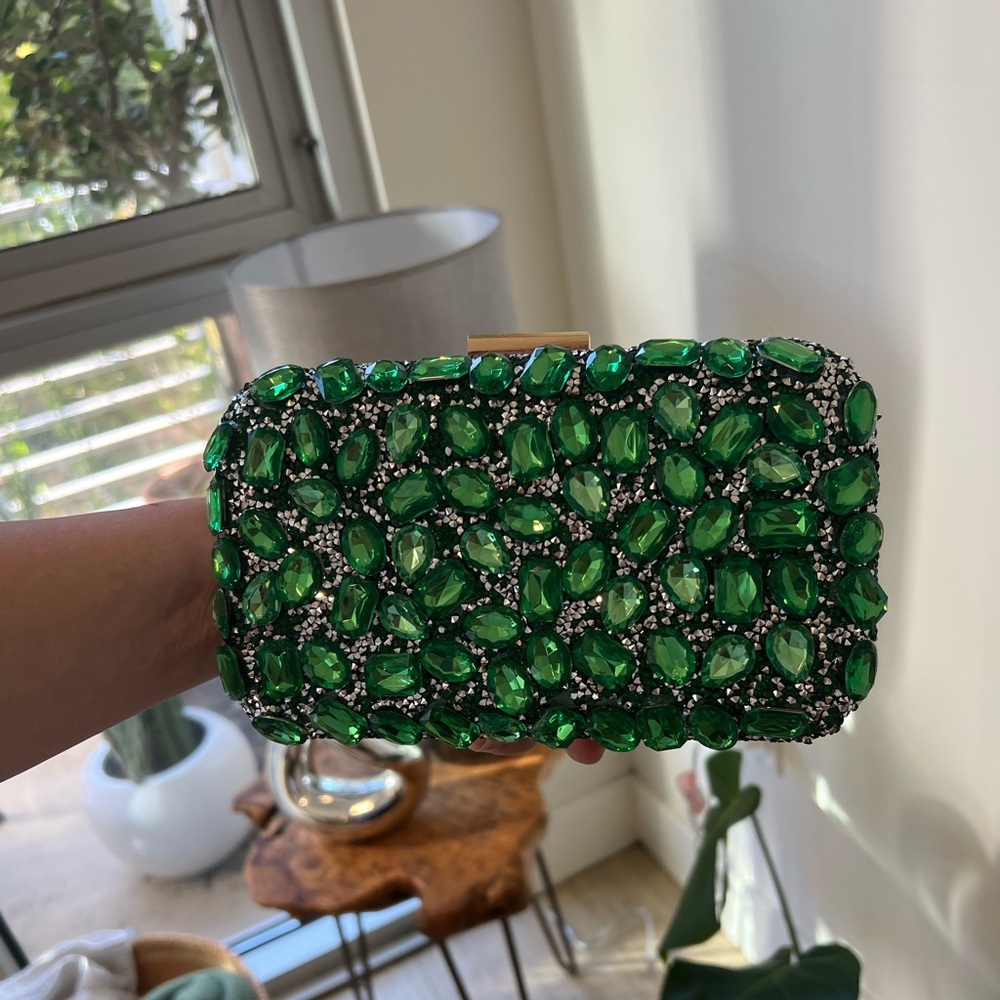 Satin Jeweled Green Crystal Clutch | Gold